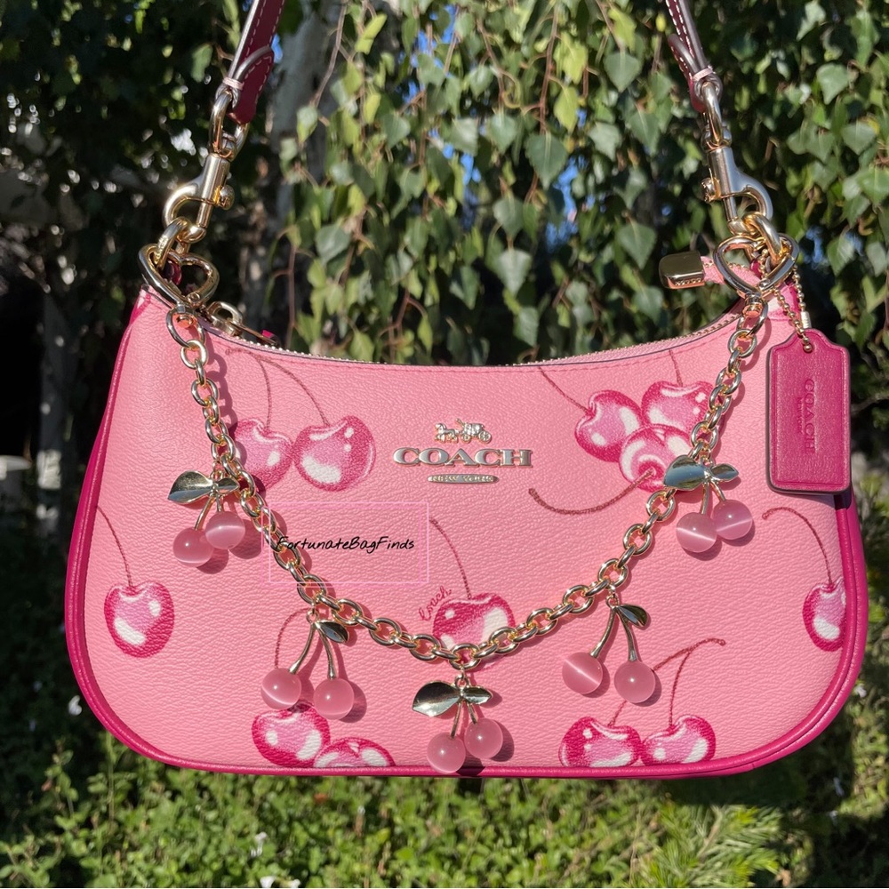 Pink Crystal Cherry Bag Charm Chain Novelty Purse Strap Baby Pink Cherries Charm - Picture 2 of 14